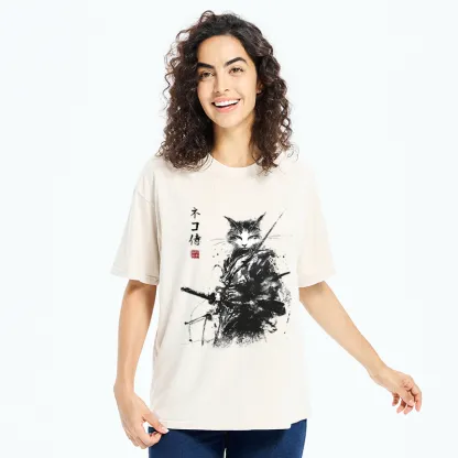 Tokyo-Tiger Inkblade Samurai Cat Washed T-Shirt