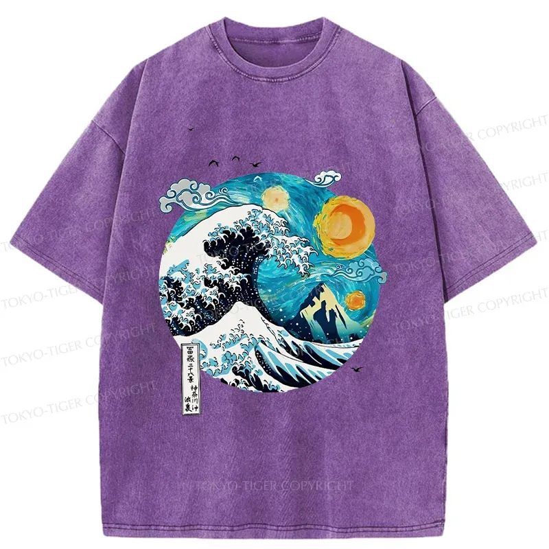 Tokyo-Tiger Waves Under The Starry Sky Washed T-Shirt