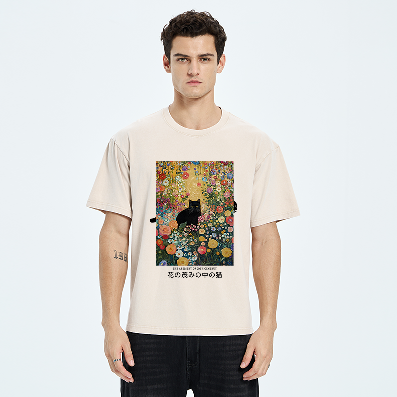 Tokyo-Tiger Black Cat In The Flower Bushes Washed T-Shirt