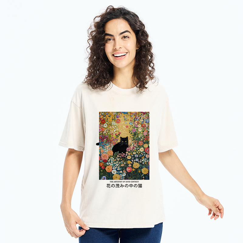 Tokyo-Tiger Black Cat In The Flower Bushes Washed T-Shirt