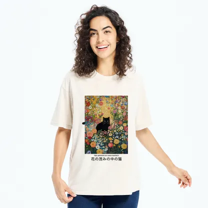 Tokyo-Tiger Black Cat In The Flower Bushes Washed T-Shirt