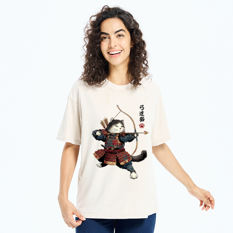 Tokyo-Tiger Kyudo Samurai Cat Washed T-Shirt
