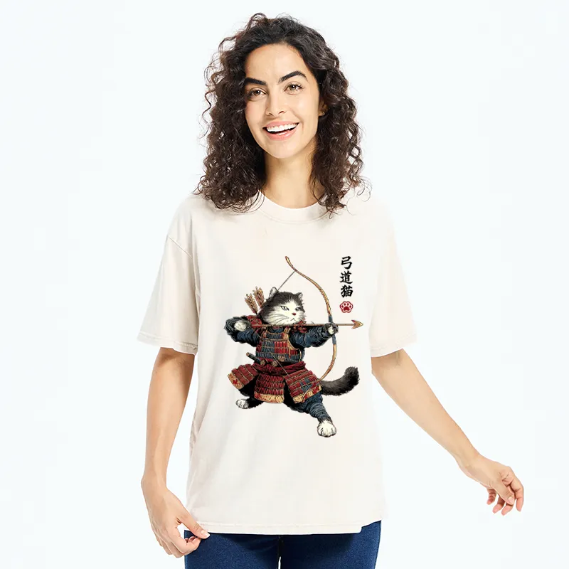 Tokyo-Tiger Kyudo Samurai Cat Washed T-Shirt