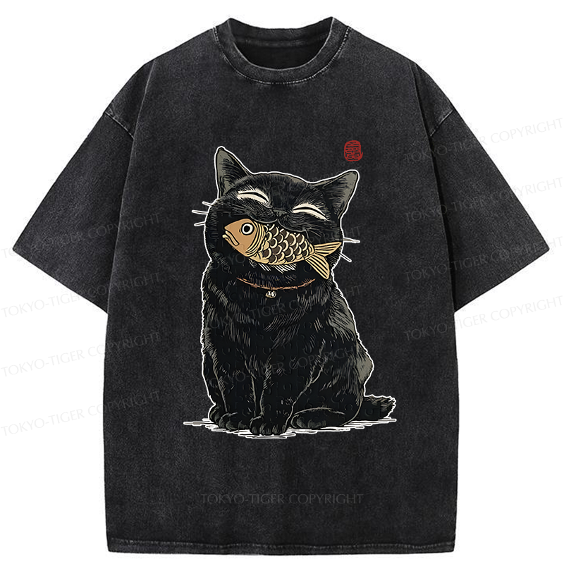 Tokyo-Tiger Happy Black Cat Washed T-Shirt