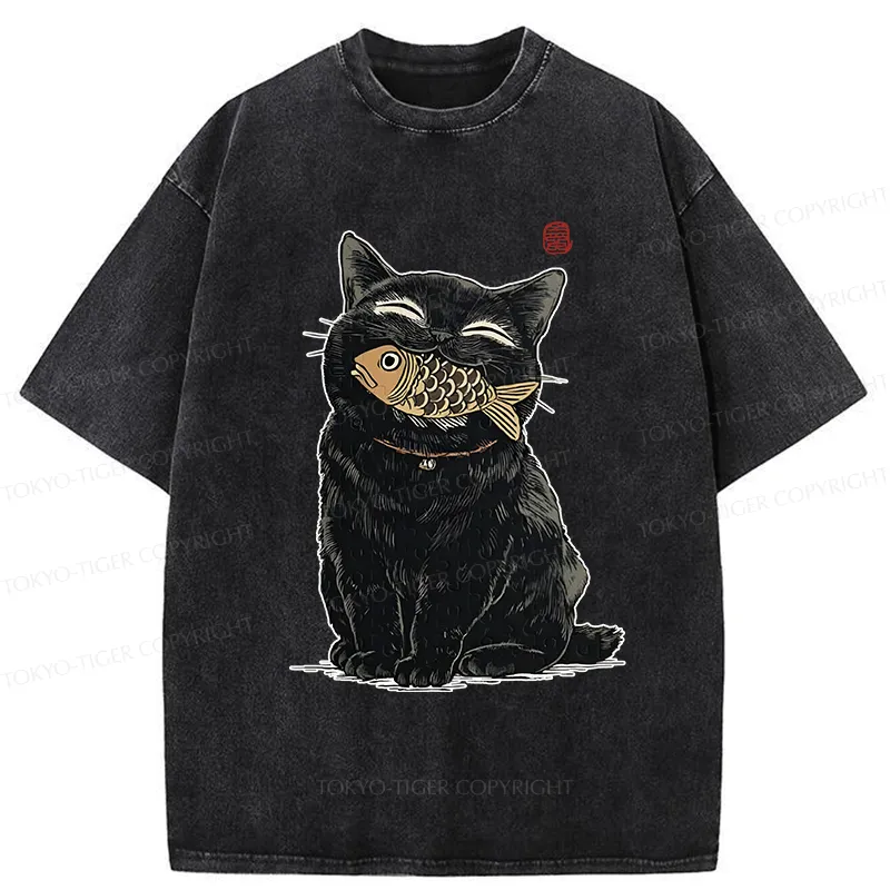 Tokyo-Tiger Happy Black Cat Washed T-Shirt