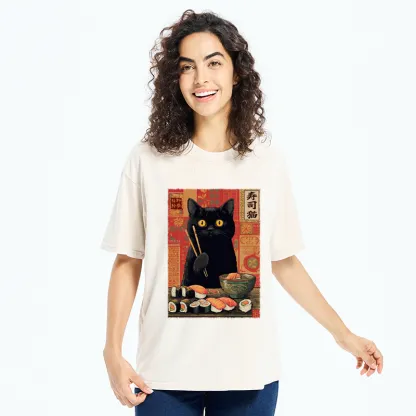 Tokyo-Tiger Neko Eats Sushi Washed T-Shirt