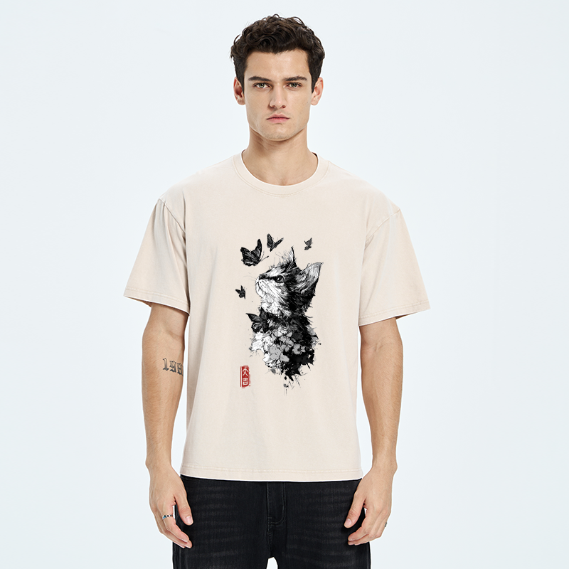 Tokyo-Tiger Butterfly and Cat Gaze Washed T-Shirt