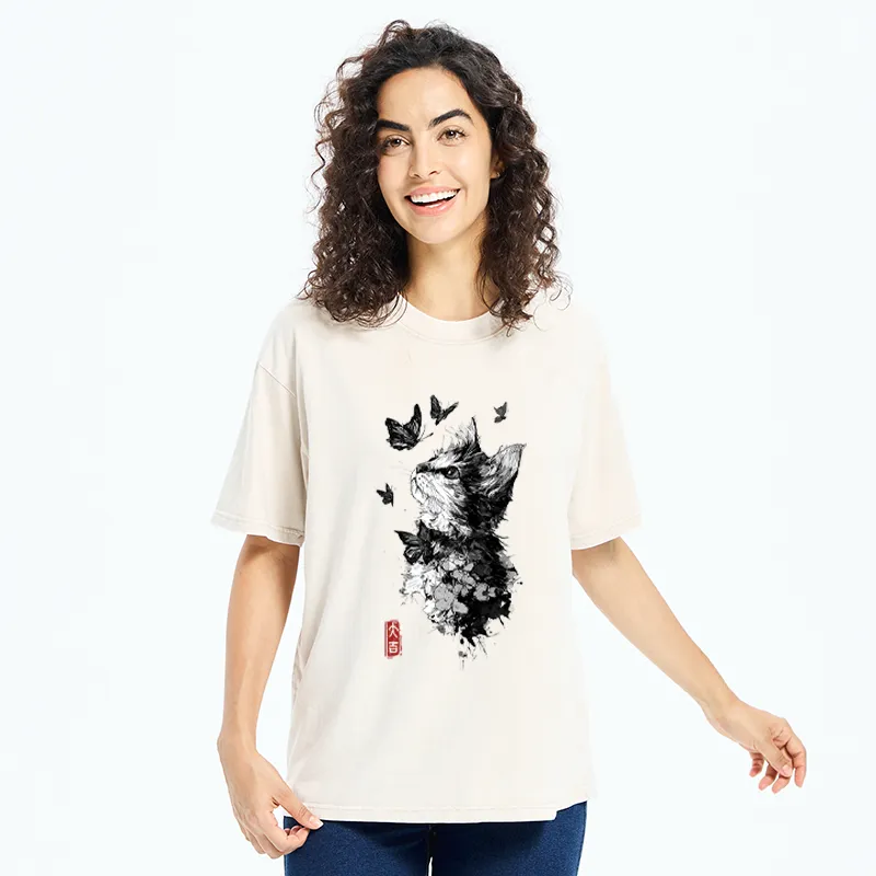 Tokyo-Tiger Butterfly and Cat Gaze Washed T-Shirt