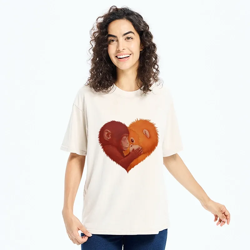 Tokyo-Tiger Monkey Love in a Heart Washed T-Shirt