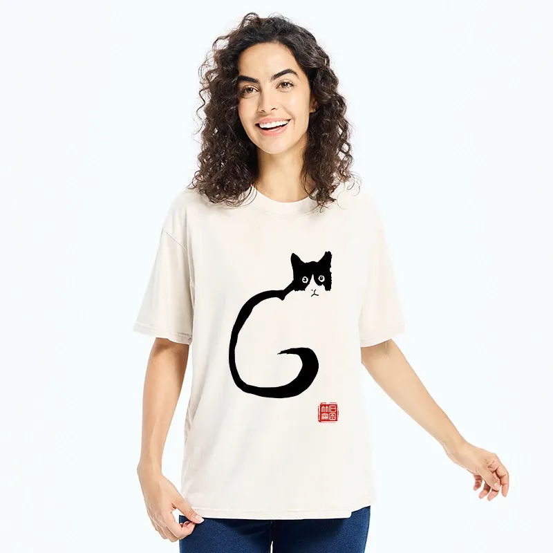 Tokyo-Tiger Calm Cat in Simple Lines Washed T-Shirt