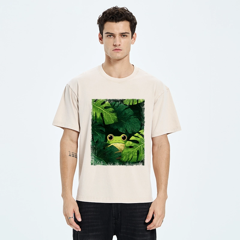 Tokyo-Tiger Frog Hiding in Green Leaves Washed T-Shirt