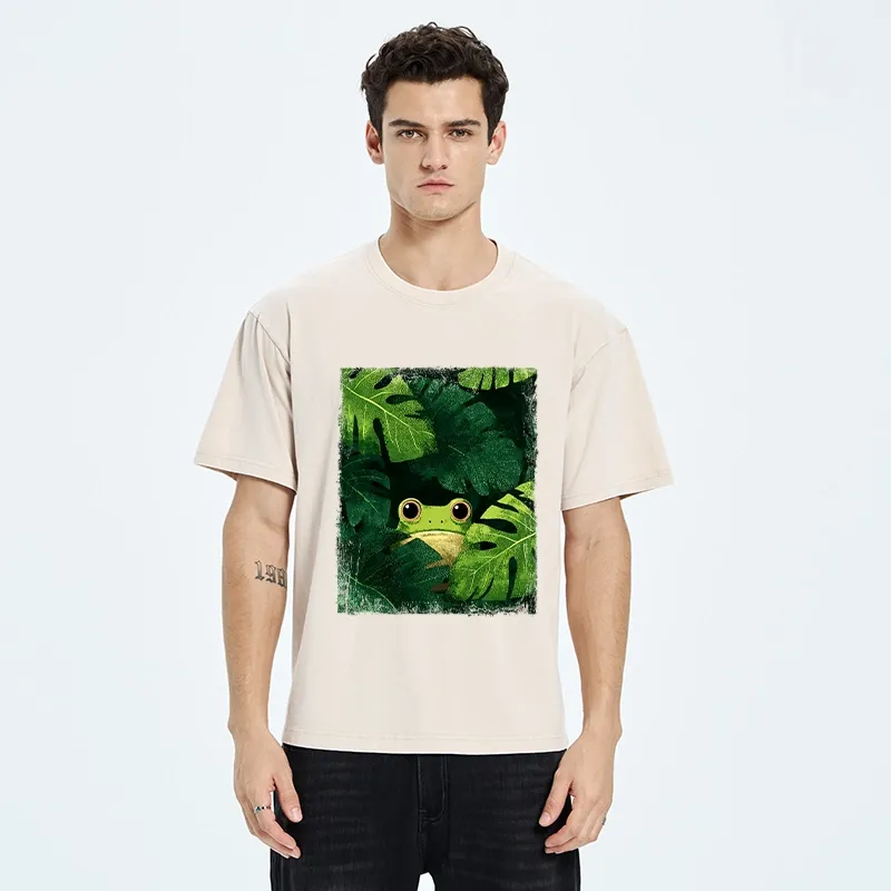 Tokyo-Tiger Frog Hiding in Green Leaves Washed T-Shirt