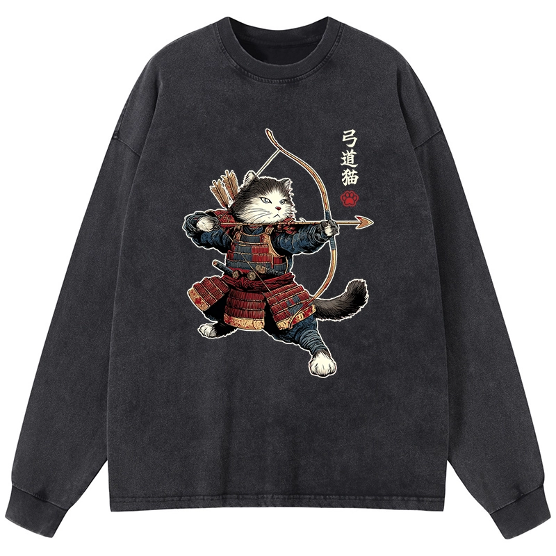 Tokyo-Tiger Kyudo Samurai Cat Washed Long Sleeve T-Shirt