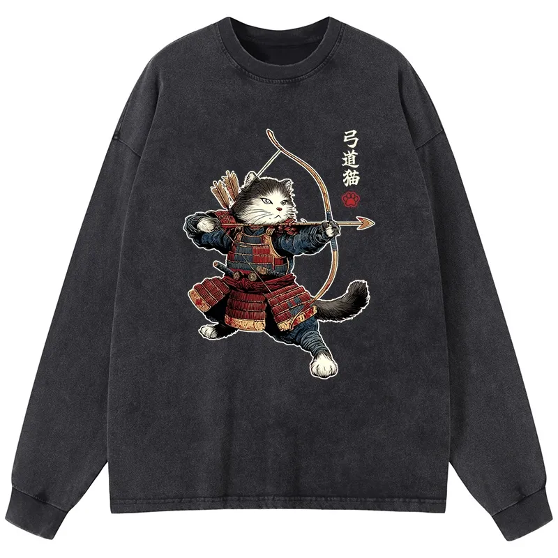 Tokyo-Tiger Kyudo Samurai Cat Washed Long Sleeve T-Shirt
