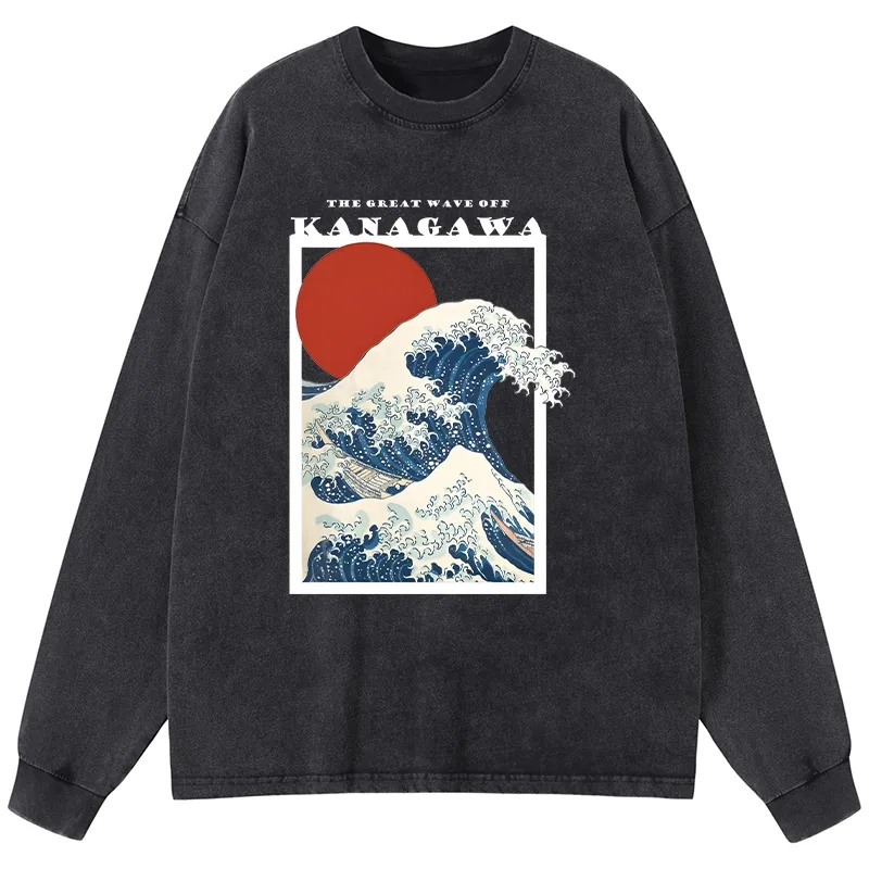 Tokyo-Tiger Minimalist Ukiyo-e Waves Washed Long Sleeve T-Shirt