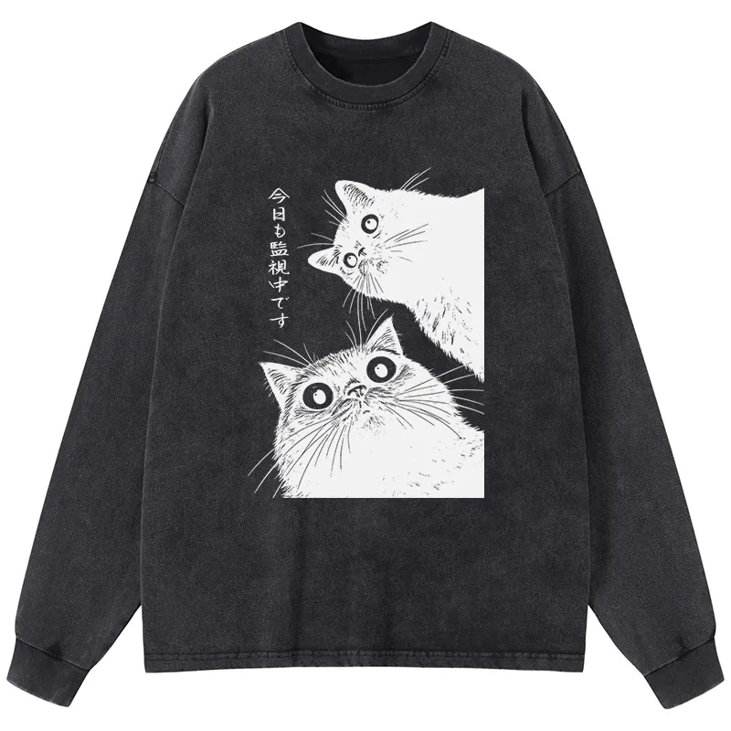 Tokyo-Tiger The Cat Is Watching Today Washed Long Sleeve T-Shirt