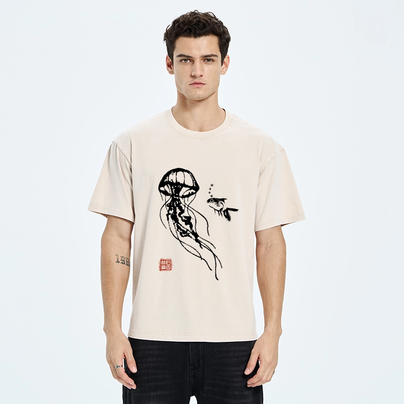 Tokyo-Tiger Ink Wash Jellyfish and Fish Washed T-Shirt