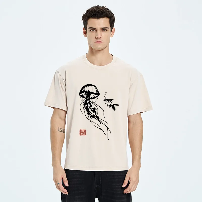 Tokyo-Tiger Ink Wash Jellyfish and Fish Washed T-Shirt