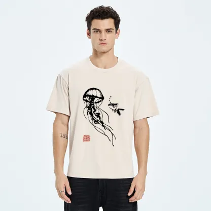 Tokyo-Tiger Ink Wash Jellyfish and Fish Washed T-Shirt