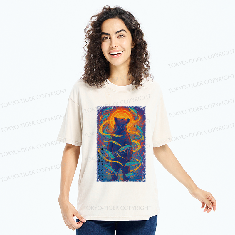 Tokyo-Tiger Ukiyoe Bear and Fish Vintage Poster T-Shirt 