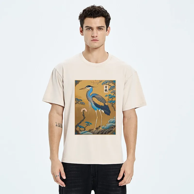 Tokyo-Tiger Golden Background Blue Heron Washed T-Shirt