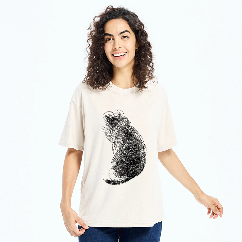 Tokyo-Tiger Chaotic Line Art Of A Curled Cat Washed T-Shirt