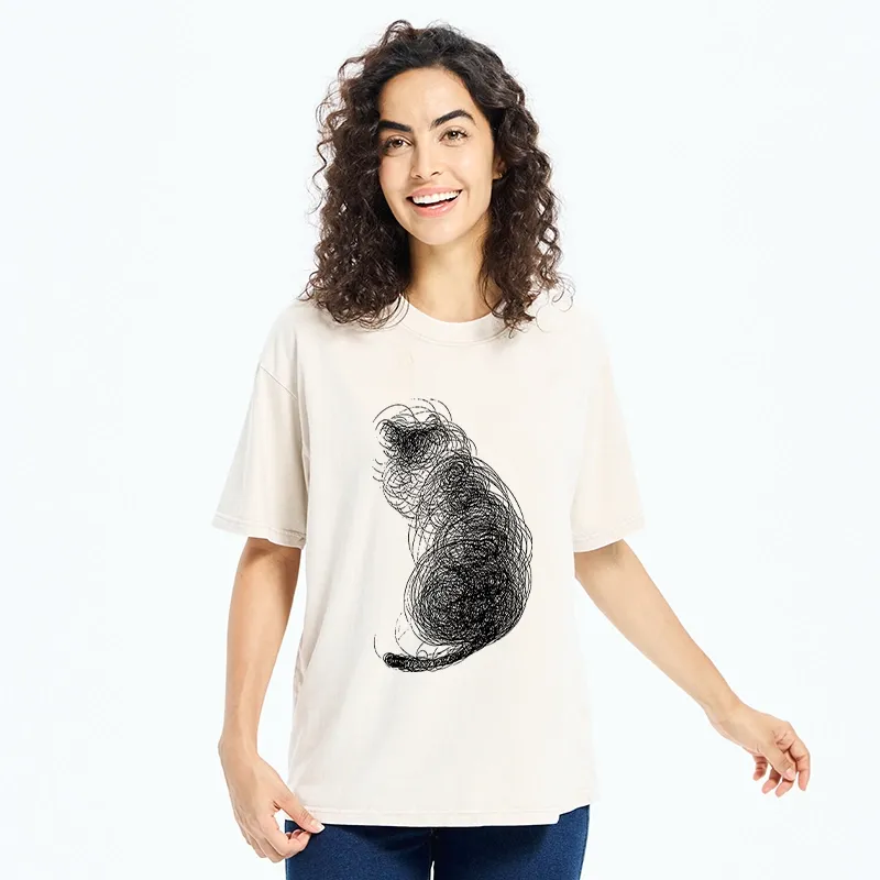 Tokyo-Tiger Chaotic Line Art Of A Curled Cat Washed T-Shirt