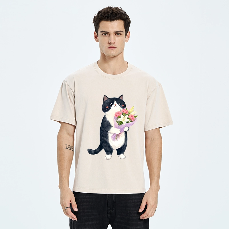 Tokyo-Tiger Sweet Cat Delivers Flowers Washed T-Shirt