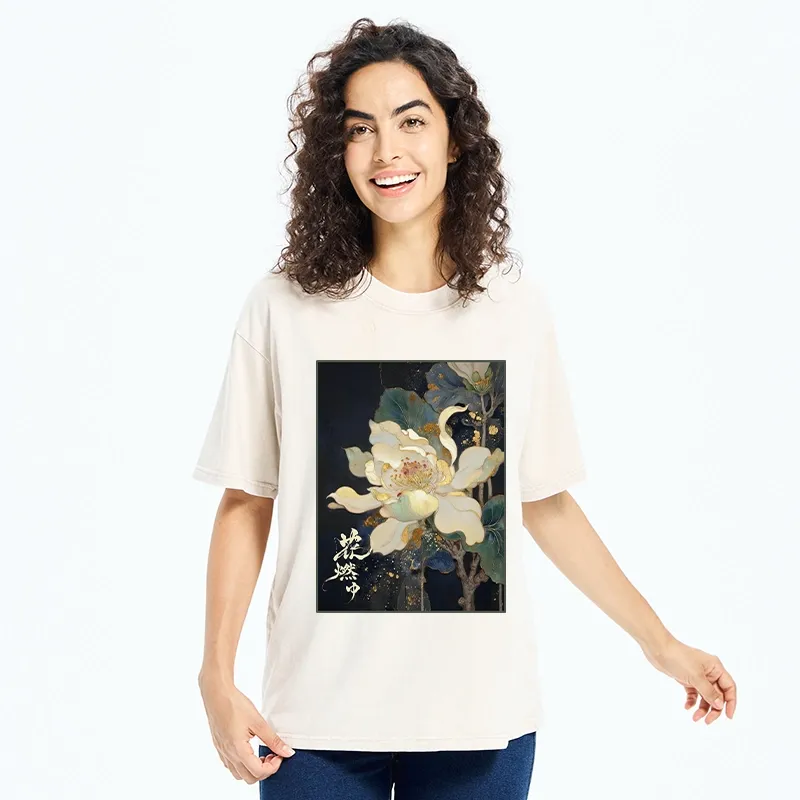 Tokyo-Tiger Lotus Adorned With Golden Specks Washed T-Shirt