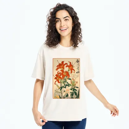 Tokyo-Tiger Vibrant Red And White Lilies Washed T-Shirt