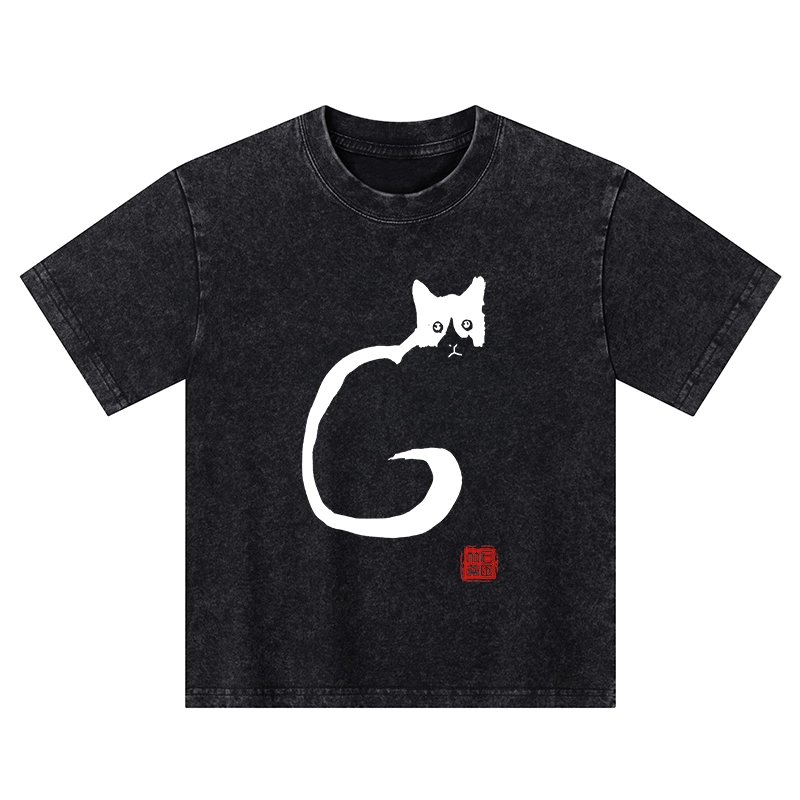 Tokyo-Tiger Calm Cat In Simple Lines Kids Washed T-Shirt