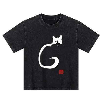 Tokyo-Tiger Calm Cat In Simple Lines Kids Washed T-Shirt