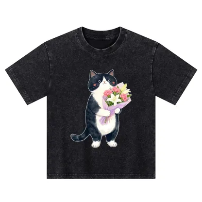 Tokyo-Tiger Sweet Cat Delivers Flowers Kids Washed T-Shirt