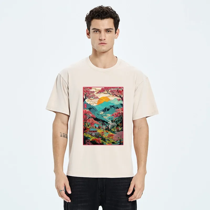 Tokyo-Tiger Golden Sun Over Serene Valley Washed T-Shirt