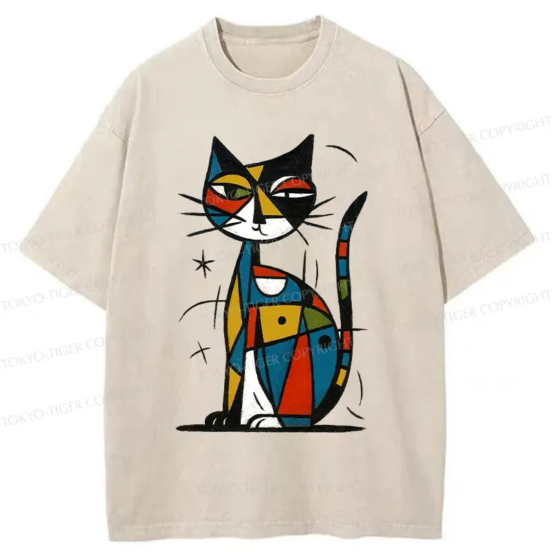 Tokyo-Tiger Abstract Japanese Cat Washed T-Shirt