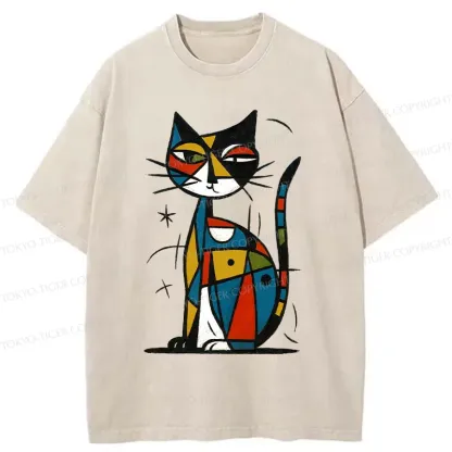Tokyo-Tiger Abstract Japanese Cat Washed T-Shirt