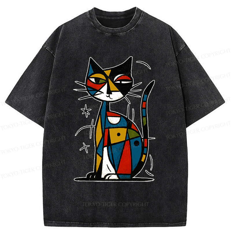Tokyo-Tiger Abstract Japanese Cat Washed T-Shirt