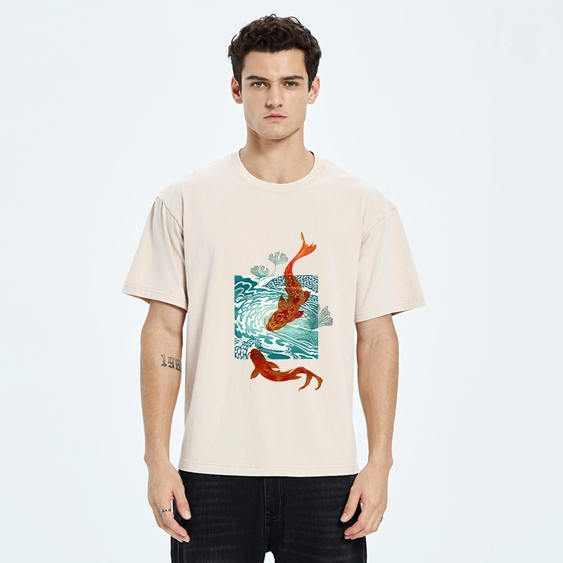 Tokyo-Tiger Vibrant Koi In Wave Patterns Washed T-Shirt