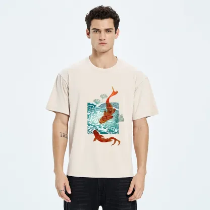 Tokyo-Tiger Vibrant Koi In Wave Patterns Washed T-Shirt