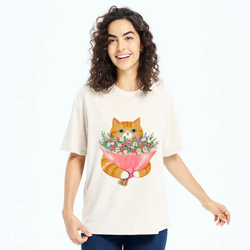 Tokyo-Tiger Cozy Cat Offering A Bouquet Washed T-Shirt