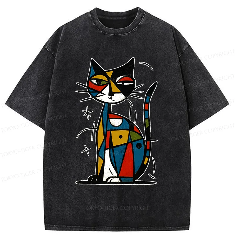 Tokyo-Tiger Abstract Japanese Cat Washed T-Shirt