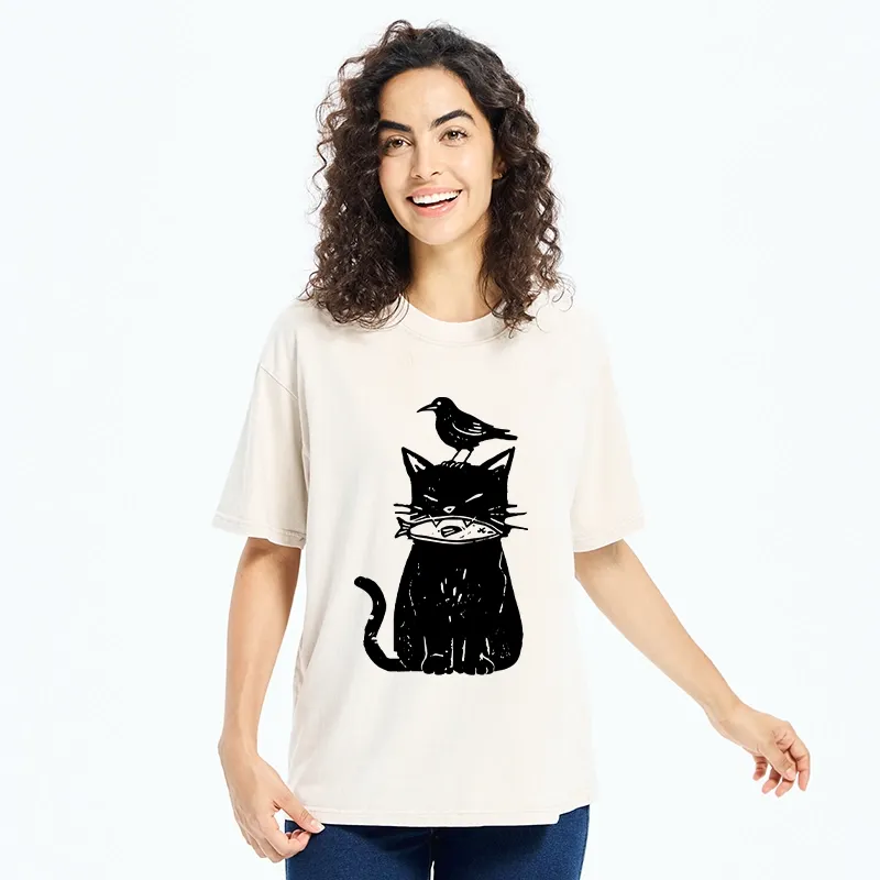 Tokyo-Tiger Black Cat With Fish And Bird Washed T-Shirt