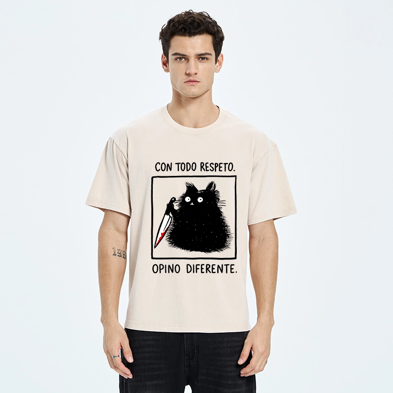 Tokyo-Tiger Black Cat Holds Knife Disagrees Washed T-Shirt