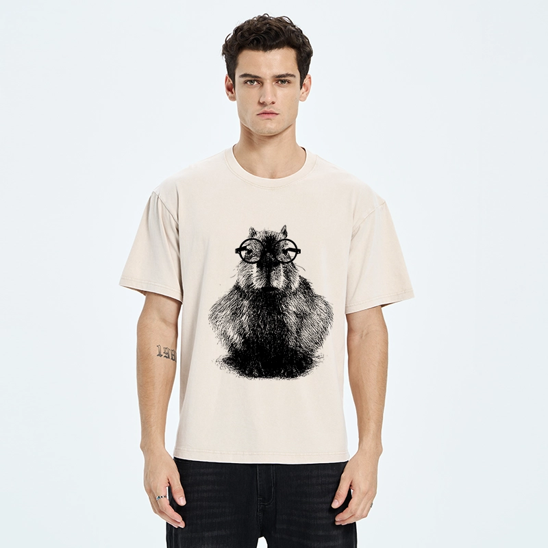 Tokyo-Tiger Smart Capybara With Glasses Washed T-Shirt
