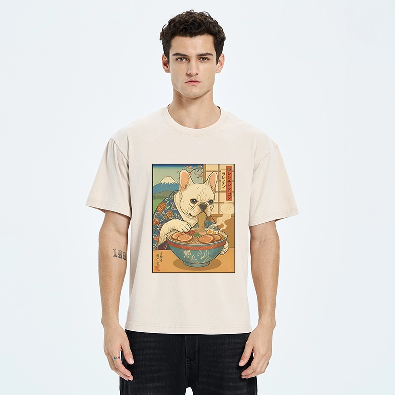 Tokyo-Tiger French Bulldog Ramen Art Washed T-Shirt
