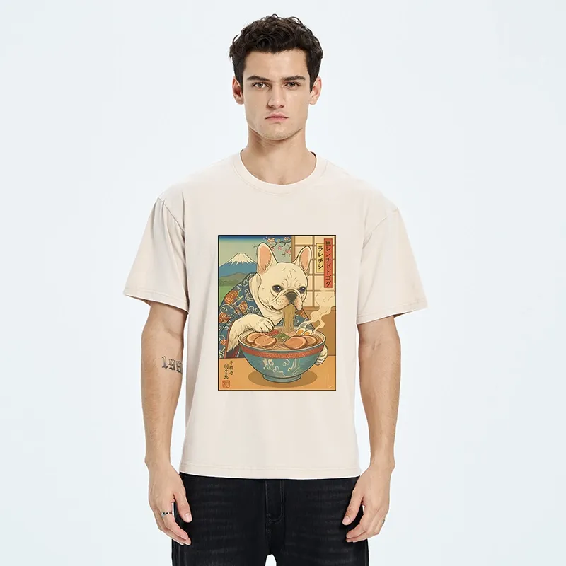 Tokyo-Tiger French Bulldog Ramen Art Washed T-Shirt
