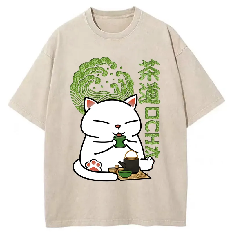 Tokyo-Tiger Cat Tasting Tea Washed T-Shirt