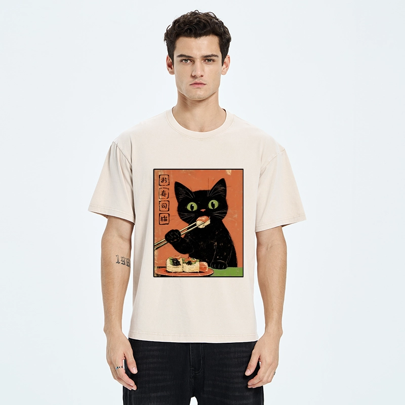 Tokyo-Tiger Japanese Style Sushi Cat Art Washed T-Shirt