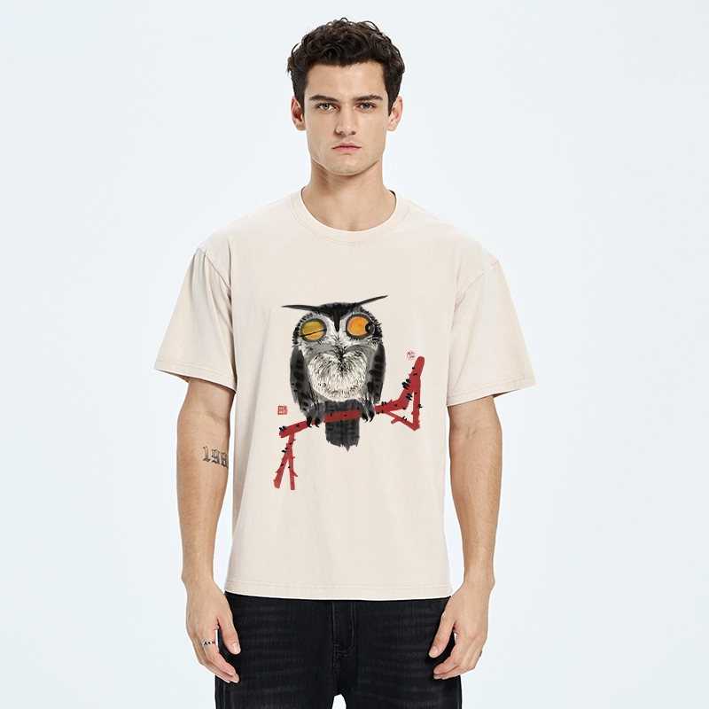 Tokyo-Tiger Ink Wash Owl On Red Branch Washed T-Shirt