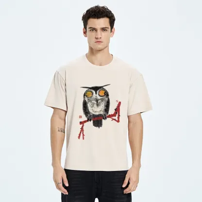 Tokyo-Tiger Ink Wash Owl On Red Branch Washed T-Shirt